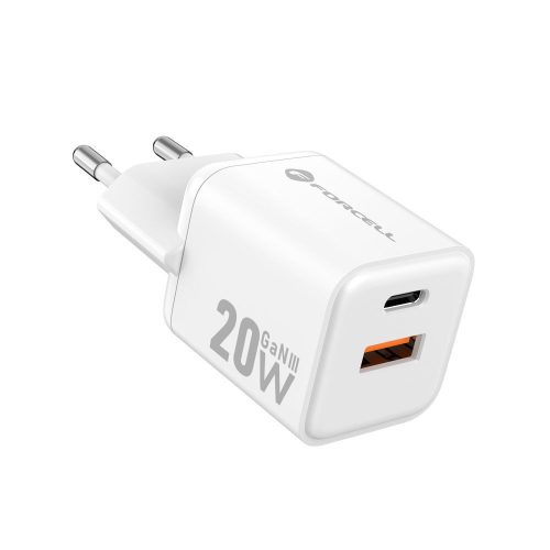 Forcell F-Energy Mini GaN III VT-35A USB-C + USB-A töltő adapter,  PD, QC4.0, 20W, fehér