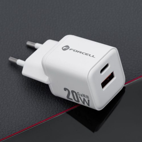 Forcell F-Energy Mini GaN III VT-35A USB-C + USB-A töltő adapter,  PD, QC4.0, 20W, fehér
