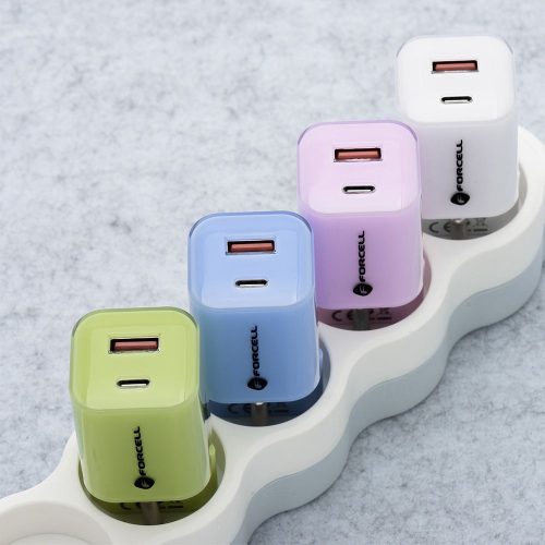 Forcell F-Energy Crystal Color GaN III VT-41 USB-C-USB-A hálózati töltő adapter szilikon kábellel, 33W, zöld