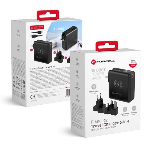 Forcell F-Energy E856 multifunkcionális wireless töltő  / powerbank, USB-A-USB-C, 45W, 15000mAh, fekete
