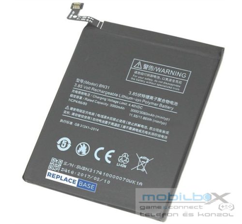 Xiaomi BN31 (Xiaomi Mi5x, Redmi A1) kompatibilis akkumulátor 3080mAh, OEM jellegű, Grade S
