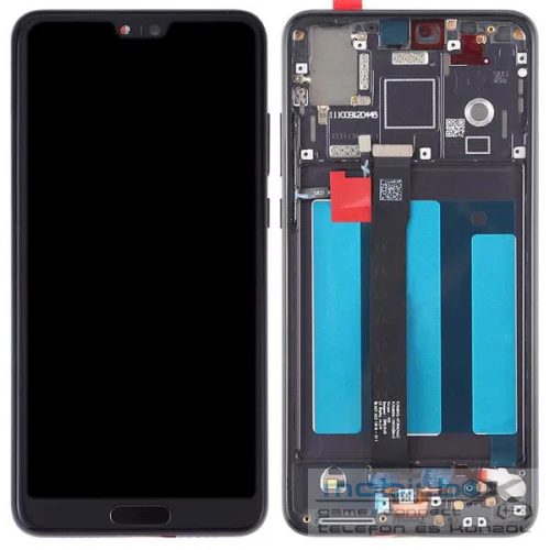 Huawei P20 kompatibilis LCD modul kerettel, OEM jellegű, fekete, Grade S+
