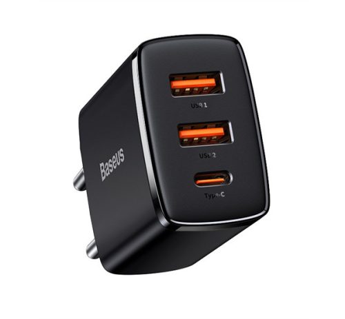 Baseus Compact gyorstöltő adapter 30W USB-C + 2XUSB-A, fekete