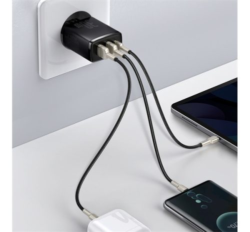 Baseus Compact gyorstöltő adapter 30W USB-C + 2XUSB-A, fekete