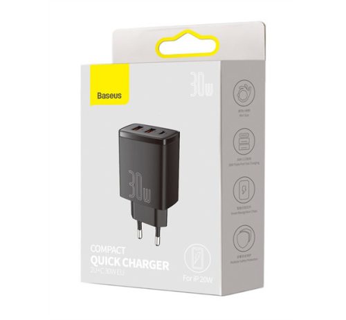 Baseus Compact gyorstöltő adapter 30W USB-C + 2XUSB-A, fekete