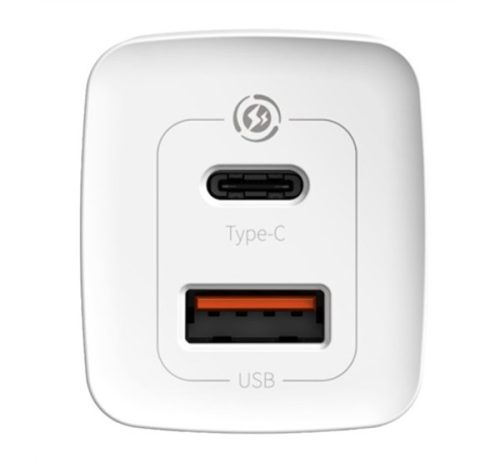 Baseus GaN2 Lite hálózati töltő adapter 65W USB-C + USB-A, fehér