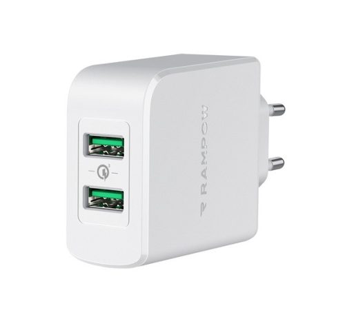 Rampow RBA16 hálózati gyorstöltő adapter 2xUSB-A QC, 39W, fehér