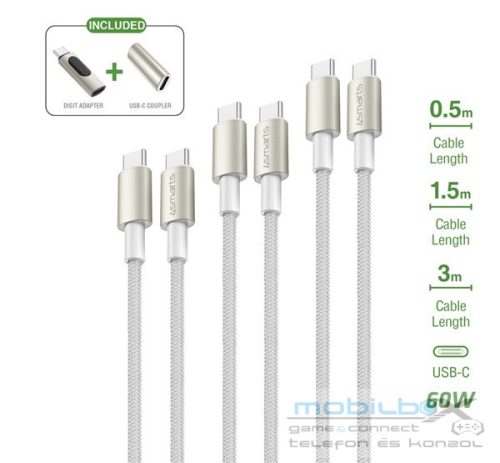 4smarts PremiumCord USB-C töltő- és adatkábel szett adapterrel, átalakítóval, 60W, 0.5+1.5+3M, fehér / ezüst