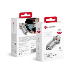   Forcell F-energy Mini autós szivargyújtó töltő 2xUSB-C, PD, 30W, ezüst