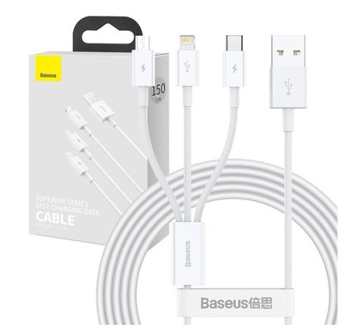 Baseus Superior Series 3in1 töltő- és adatkábel, USB / microUSB / USB-C / Lightning, 3,5 A, 1,2 m, fehér