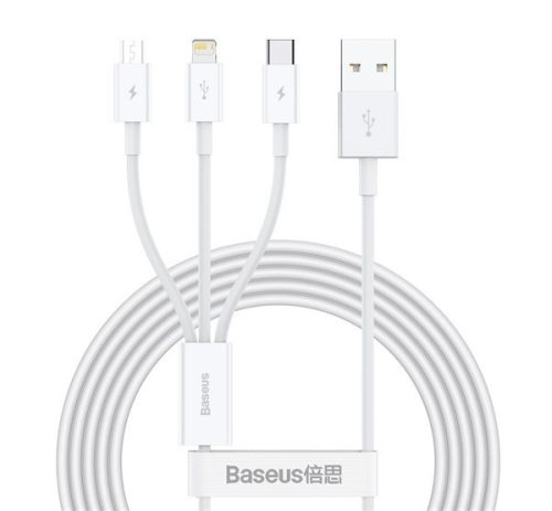 Baseus Superior Series 3in1 töltő- és adatkábel, USB / microUSB / USB-C / Lightning, 3,5 A, 1,2 m, fehér