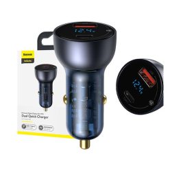   Baseus autós szivargyújtó töltő digitális kijelzővel, USB-A + USB-C, QC3.0+PD, 5A, 65W, fekete