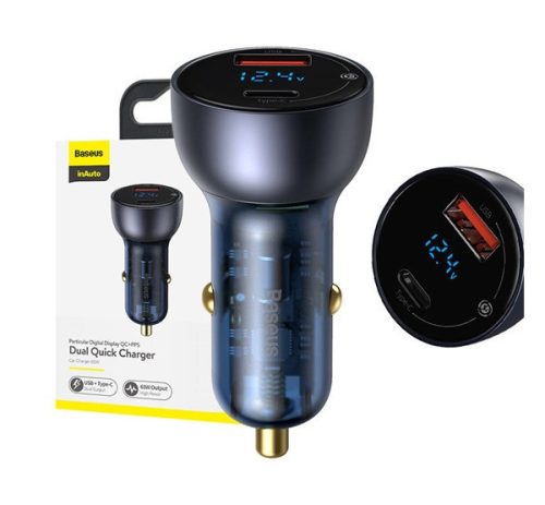 Baseus autós szivargyújtó töltő digitális kijelzővel, USB-A + USB-C, QC3.0+PD, 5A, 65W, fekete
