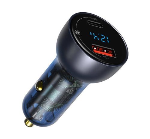 Baseus autós szivargyújtó töltő digitális kijelzővel, USB-A + USB-C, QC3.0+PD, 5A, 65W, fekete