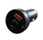Baseus autós szivargyújtó töltő digitális kijelzővel, USB-A + USB-C, QC3.0+PD, 5A, 65W, fekete