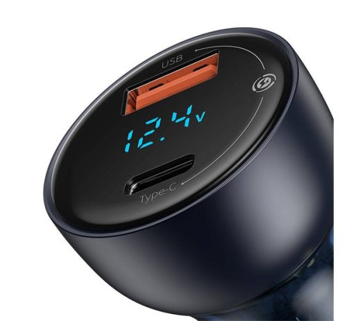 Baseus autós szivargyújtó töltő digitális kijelzővel, USB-A + USB-C, QC3.0+PD, 5A, 65W, fekete