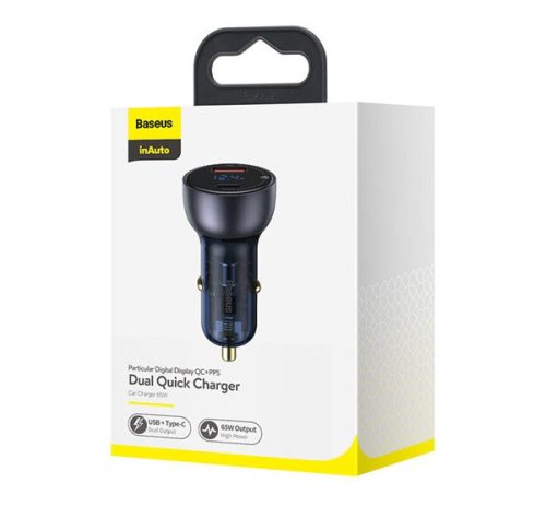 Baseus autós szivargyújtó töltő digitális kijelzővel, USB-A + USB-C, QC3.0+PD, 5A, 65W, fekete