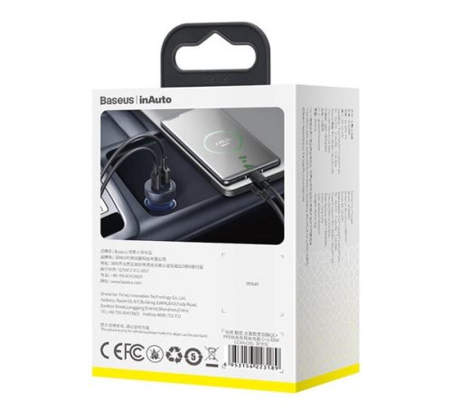 Baseus autós szivargyújtó töltő digitális kijelzővel, USB-A + USB-C, QC3.0+PD, 5A, 65W, fekete