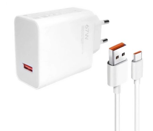 Xiaomi MDY-12-EH gyári hálózati töltő adapter USB-A+ USB-C kábel, 67W, fehér, ECO csomagolásban