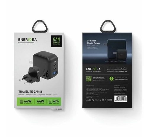 Energea Travelite GAN66 1xUSB-A/ 2xUSB-C utazó gyorstöltő adapter, (PD-PPS-QC 3.0) 66W, fekete (US/EU)
