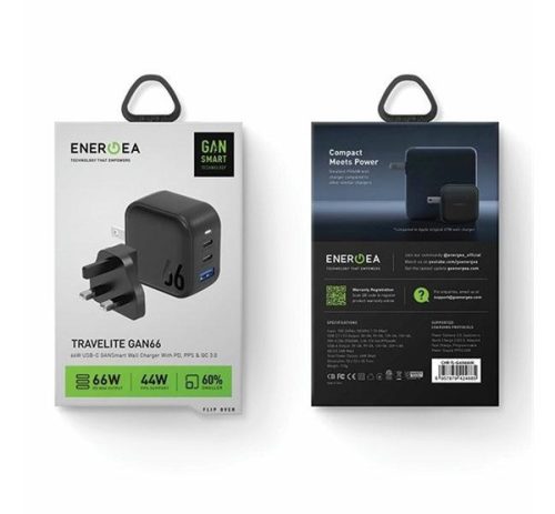 Energea Travelite GAN66 1xUSB-A/ 2xUSB-C utazó gyorstöltő adapter, (PD-PPS-QC 3.0) 66W, fekete (US/EU)
