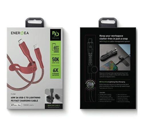 Energea Flow C94 USB-C / Lightning MFI szövet gyorstöltő- és adatkábel, 1.5m, 60W, 3A, piros