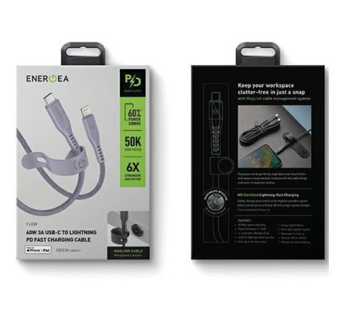 Energea Flow C94 USB-C / Lightning MFI szövet gyorstöltő- és adatkábel, 1.5m, 60W, 3A, lila
