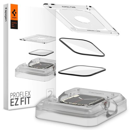 Apple Watch 7-9 (45 mm), Kijelzővédő fólia, ütésálló fólia (az íves részre is!), Tempered Glass (edzett üveg), Spigen Pro Ez Fit, fekete, 2 db / csomag