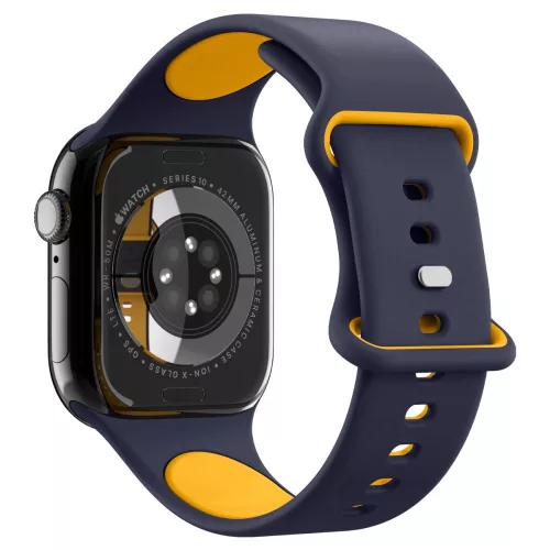 Apple Watch 4-6, SE, SE (2022), SE (2025) (38 / 40 mm) / Watch 7-9 (41 mm) / Watch 10-11 (42 mm), szilikon pótszíj, állítható, Spigen Nano Pop, sötétkék/sárga