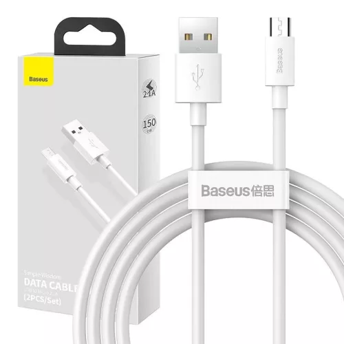 Baseus Simple Wisdom Micro-USB - USB kábel, 2.1A, 1.5m, fehér, 2db