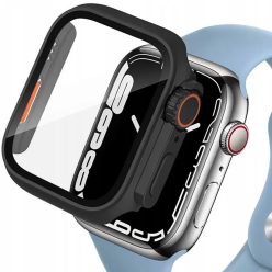   Apple Watch 4-6, SE, SE (2022), SE (2025) (44 mm), Műanyag védőkeret, kijelzővédő üveggel, szíj nélkül, TP Defense360, fekete/narancs
