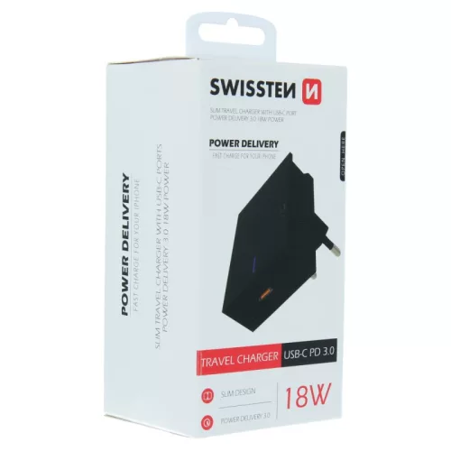 Swissten USB-C Power Delivery 3.0 hálózati töltő adapter iPhone-hoz, 18W, fekete