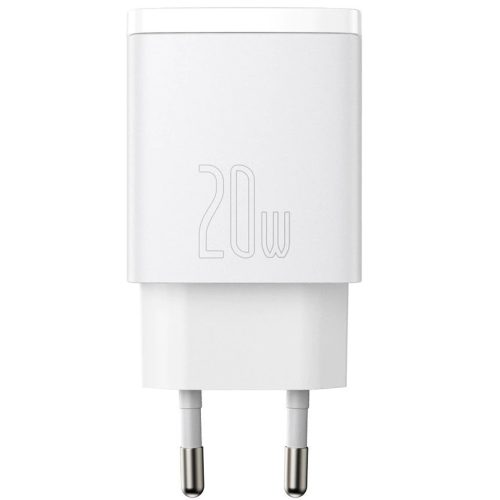 Hálózati töltő adapter, 20W, USB aljzat, USB Type-C aljzat, gyorstöltés, PD, QC 3.0, Baseus CCXJ-B02, fehér