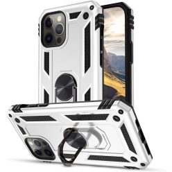   Samsung Galaxy M33 5G SM-M336B, Műanyag hátlap védőtok, közepesen ütésálló, szilikon belső, telefontartó gyűrű, Defender, ezüst