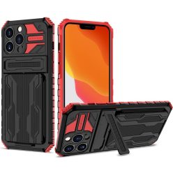   Apple iPhone 13 Pro, Műanyag hátlap védőtok szilikon belső, közepesen ütésálló, kitámasztóval, kártyatartóval, Wooze Transformer, fekete/piros