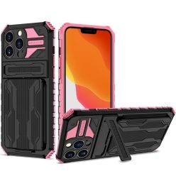   Apple iPhone 13 Pro, Műanyag hátlap védőtok szilikon belső, közepesen ütésálló, kitámasztóval, kártyatartóval, Wooze Transformer, fekete/rózsaszín