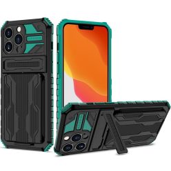   Apple iPhone 13 Pro, Műanyag hátlap védőtok szilikon belső, közepesen ütésálló, kitámasztóval, kártyatartóval, Wooze Transformer, fekete/zöld
