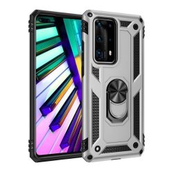   OnePlus 7 Pro, Műanyag hátlap védőtok, közepesen ütésálló, szilikon belső, telefontartó gyűrű, Defender, ezüst