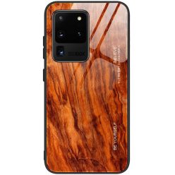   Xiaomi Redmi 8, Szilikon védőkeret, edzett üveg hátlap, fa minta, Wooze Wood, rozsdabarna