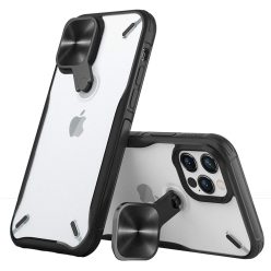   Apple iPhone 12 Pro Max, Műanyag hátlap + szilikon keret, közepesen ütésálló, kitámasztóval, kamera védelem, Nillkin Cyclops, áttetsző/fekete