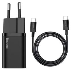   Hálózati töltő adapter, 25W, USB Type-C aljzat, USB Type-C kábellel, gyorstöltés, PD 3.0, QC 3.0, Baseus, fekete
