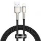 USB töltő- és adatkábel, Lightning, 50 cm, 2400 mA, törésgátlóval, gyorstöltés, cipőfűző minta, Baseus Cafule Metal, CALJK-01, fekete