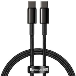   USB Type-C töltő- és adatkábel, USB Type-C, 200 cm, 5000 mA, 100W, törésgátlóval, gyorstöltés, cipőfűző minta, Baseus Tungsten Gold, CATWJ-A01, fekete
