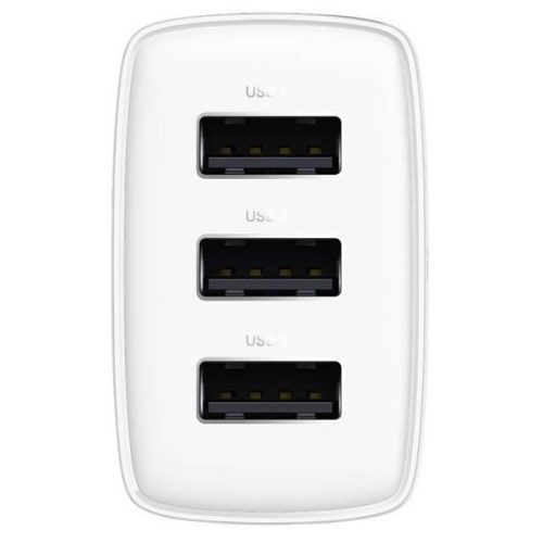 Hálózati töltő adapter, 17W, 3 x USB aljzat, gyorstöltés, Baseus Compact, fehér