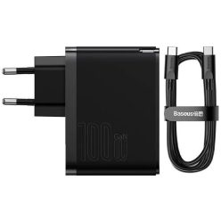   Hálózati töltő adapter, 100W, USB aljzat, USB Type-C aljzat, USB Type-C - USB Type-C kábellel, gyorstöltés, PD 3.0, QC 4.0, GaN5, Baseus GaN5 Pro, fekete