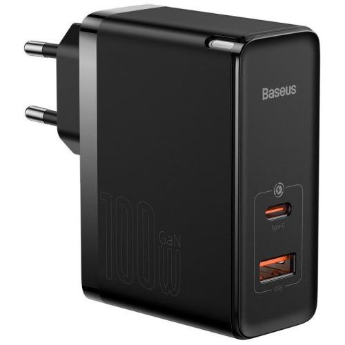 Hálózati töltő adapter, 100W, USB aljzat, USB Type-C aljzat, USB Type-C - USB Type-C kábellel, gyorstöltés, PD 3.0, QC 4.0, GaN5, Baseus GaN5 Pro, fekete