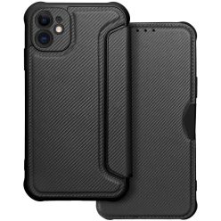  Apple iPhone 11, Oldalra nyíló tok, légpárnás sarok, bőrhatású, karbon minta, Razor Book, fekete