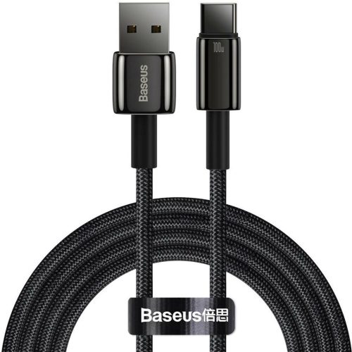 USB töltő- és adatkábel, USB Type-C, 200 cm, 100W, gyorstöltés, QC, Baseus Tungsten Gold, CAWJ000101, fekete