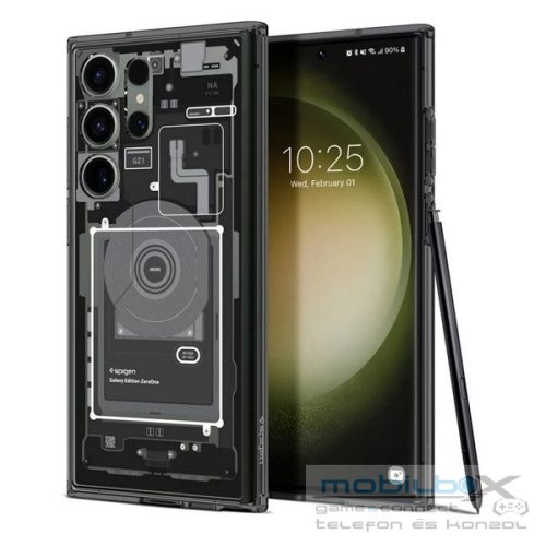 Samsung Galaxy S23 Ultra SM-S918, Műanyag hátlap védőtok + szilikon keret, Telefon belső minta, Spigen Ultra Hybrid Zero One, átlátszó/füst