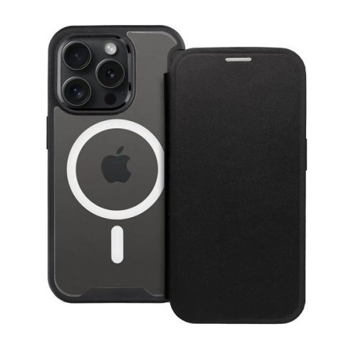 Apple iPhone 14 Pro, Oldalra nyíló tok, kártyatartóval, átlátszó hátlap, Magsafe kompatibilis, Smart Mag, fekete